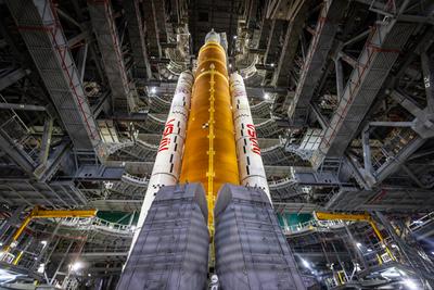 Looking up at SLS in the VAB during rollout